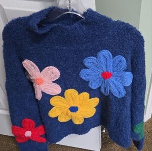 Cozy Floral Women's Sweater - Blue with Multicolor Flowers
